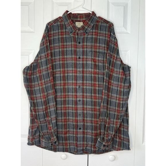 LL Bean Shirt Mens XL TALL Long Sleeve Gray Red Plaid Tartan Flannel - Picture 1 of 6